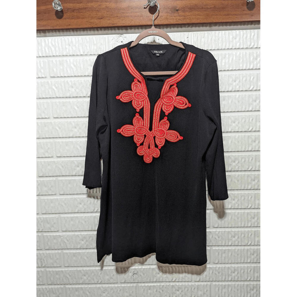 Misook Women's Black Orange Looping Soutache Trim Long Sleeves Knit Tunic Large